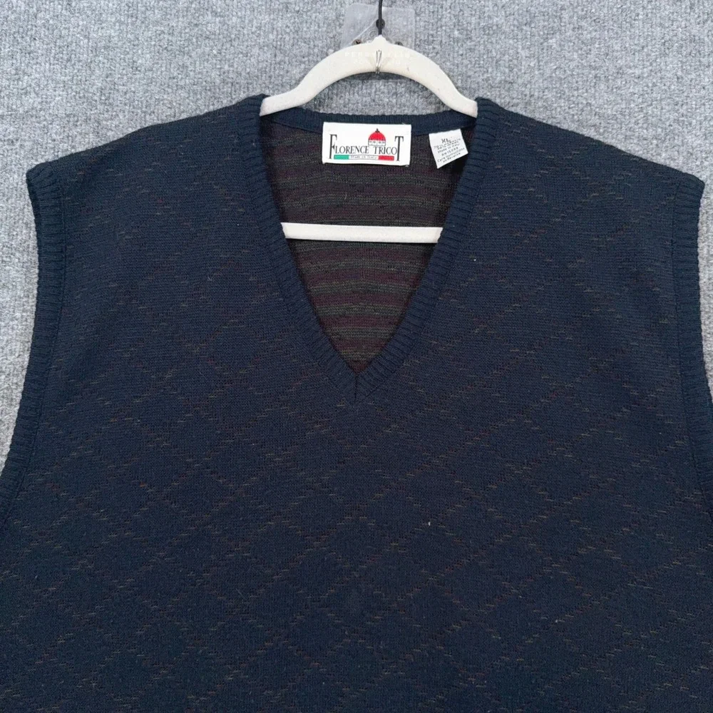 Florence Tricot Sweater Vest Mens XL Navy Blue Diamond Knit Wool Blend Italy